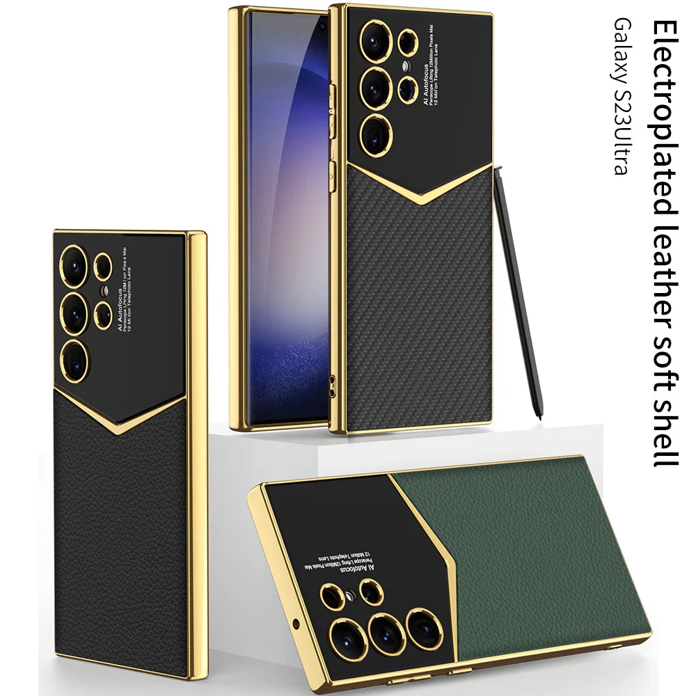 Luxury Leather Gold Electroplated Frame Phone Case with Soft Edges