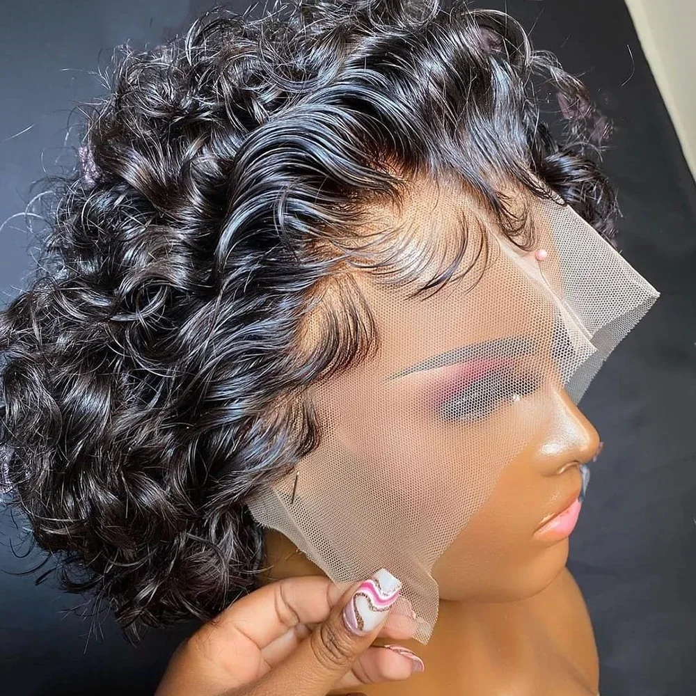 Pixie Cut Short Curly 13x1 Transparent Lace Front Wigs Brazilian Human Hair Pre Plucked Curly Wigs 150% Density For Black Women