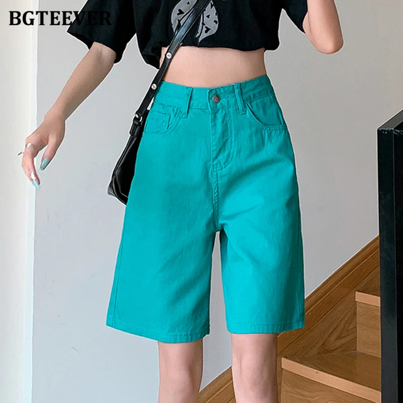 

BGTEEVER Summer Fashion Loose Pockets Straight Jeans Shorts for Women High Waist Button Casual Female Wide Leg Denim Shorts