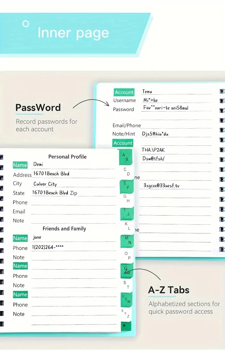 A6 Passwort-Logbuch mit Alphabetischen Registerkarten, Spiralgebundener Passwort-Organizer für Zuhause, Büro & Persönlichen Gebrauch – Detail 3