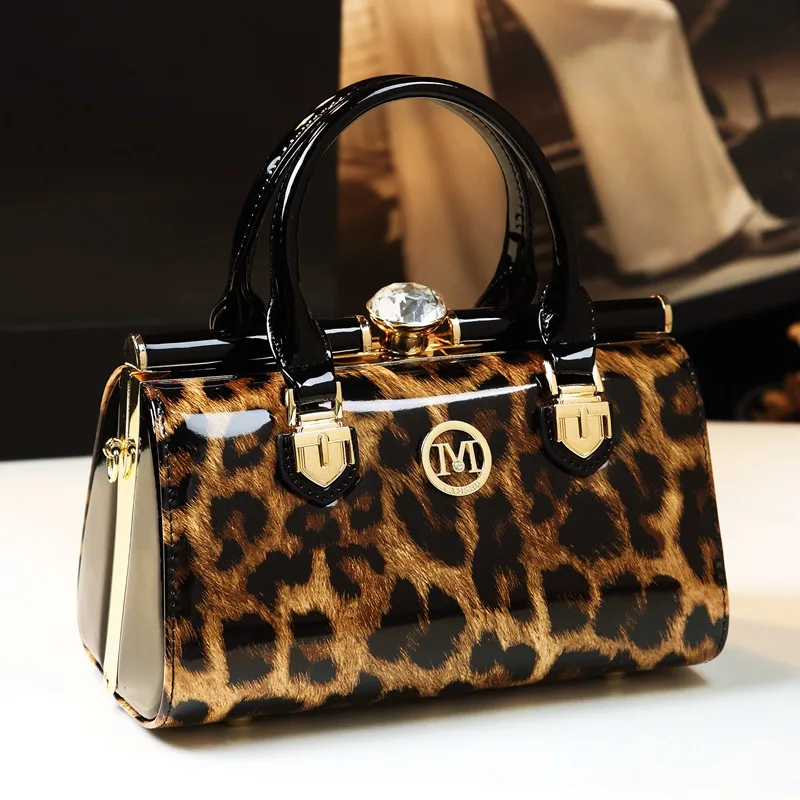 

Luxury Leopard Pattern Women Handbags High Qualtiy Patent Leather Tote Shoulder Bags Diamond Ladies Boston Pillow Crossbody Bags