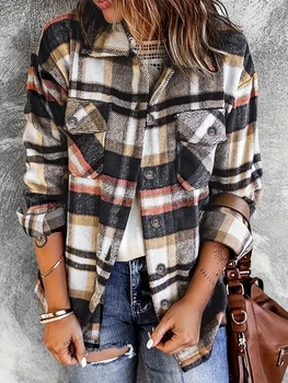 Chemisier-veste vintage à carreaux pour femme, à manches longues, boutonné, décontracté, pour l'automne et l'hiver, coupe oversize