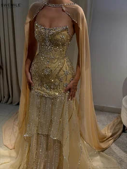 SWEMILE Strapless Evening Dress With Cap Sleeve Shiny Luxury Crystal Beading Bandage Back Mermaid Dresses Customized Train Gowns 1
