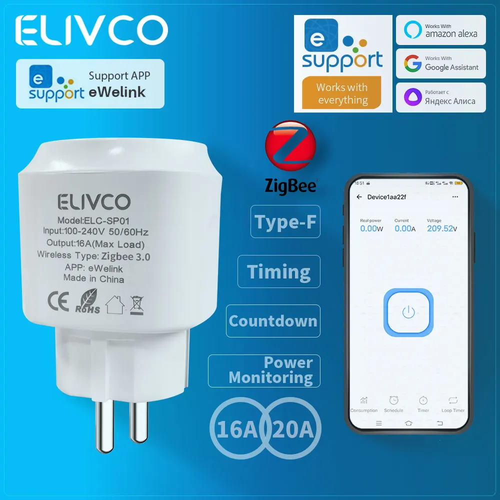 eWelink Zigbee Smart Plug With Timing Countdown Power Monitor Support Home Assis