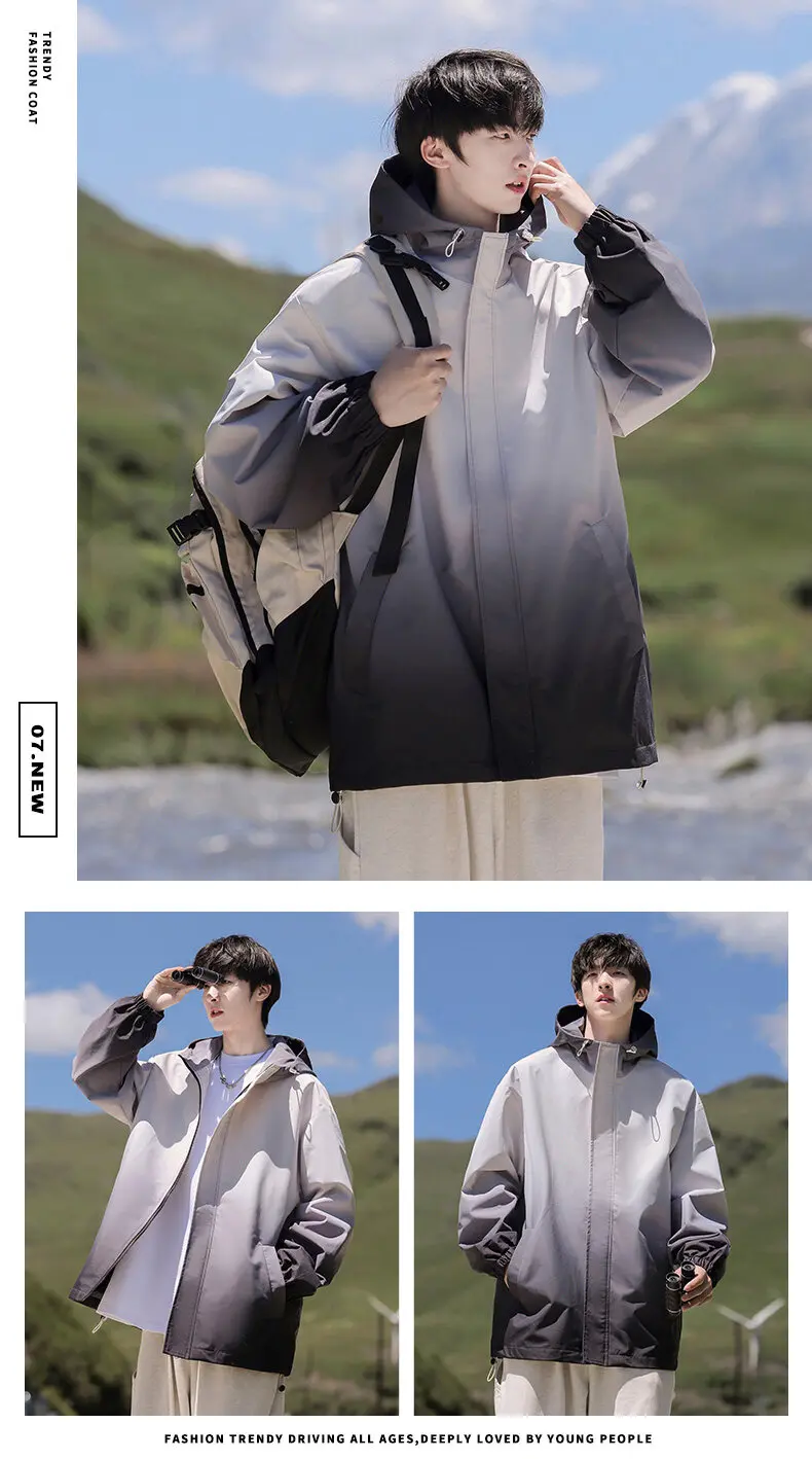 Lässige Herren-Outdoorjacken mit Farbverlauf und Kapuze, Frühjahr/Herbst 2026, dünne Windbreaker, Jugend-Streetwear, lockere Mäntel, Oberteile für Jungen – Detail 8