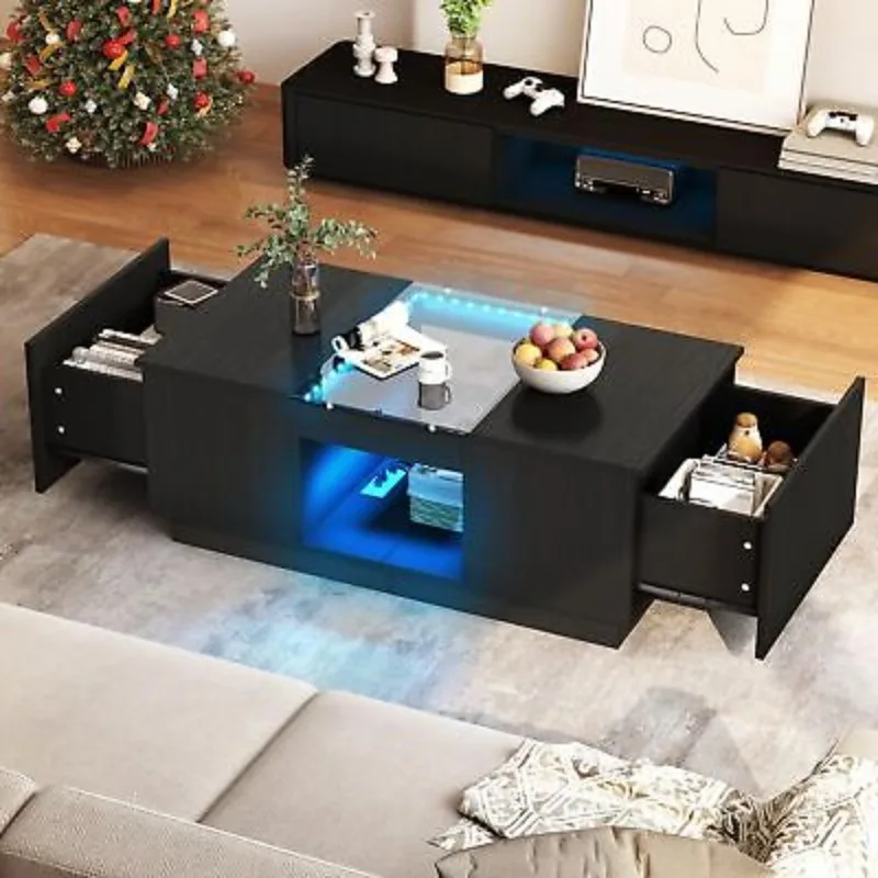 LED Coffee Tables Rectangle Center Table with Charging Station & Storage Drawers 2