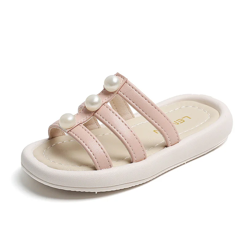 

Сандалии для девочек, Повседневная летняя обувь, жемчужные шлепанцы, мягкие, плоская подошва