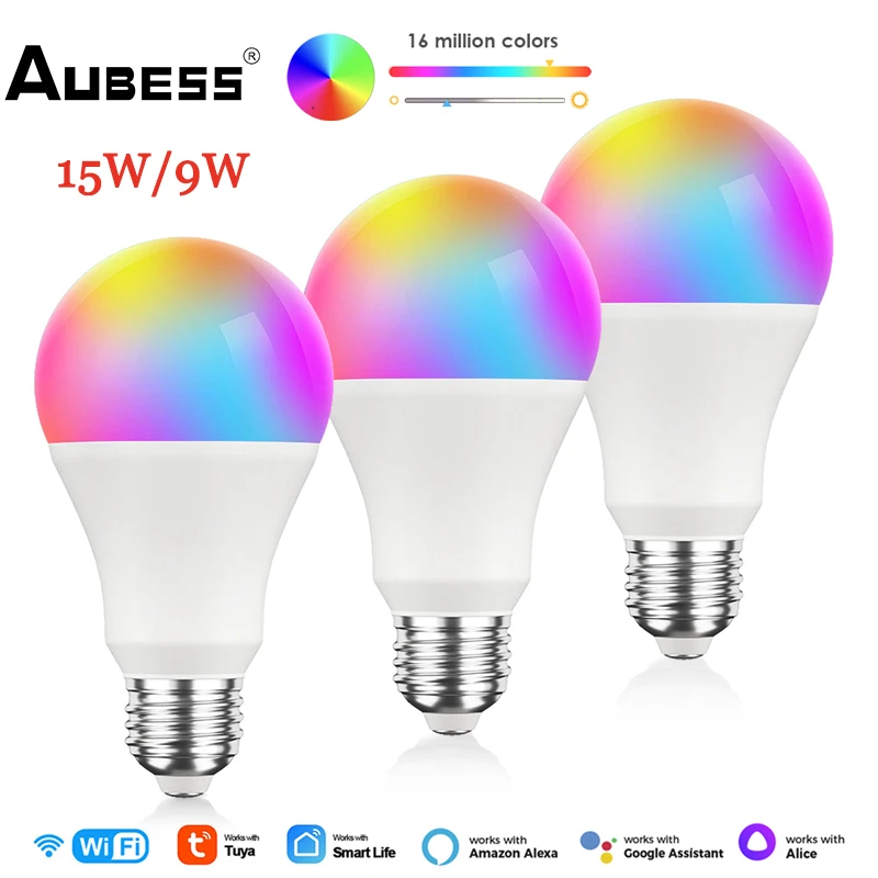 

Умсветильник лампа Aubess 15 Вт/9 Вт WiFi Bluetooth-совместимая B22 E27 LED RGBCW умная лампа Голосовое управление через Google Home Яндекс Алиса