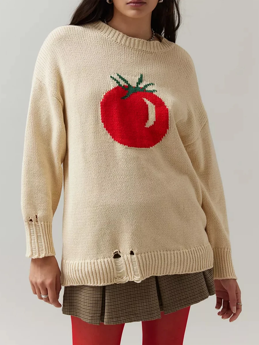 Women s Knitted Tomato Patterned Sweaters Hollow Hole Long Sleeve Round Neck Ribbed Loose Tops