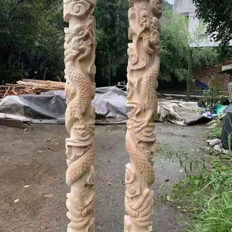 Vintage Chinese Dragon Pillar Wood Carved Applique Onlay Molding Roman Column Decal Furniture Home Decor Niche Decoration