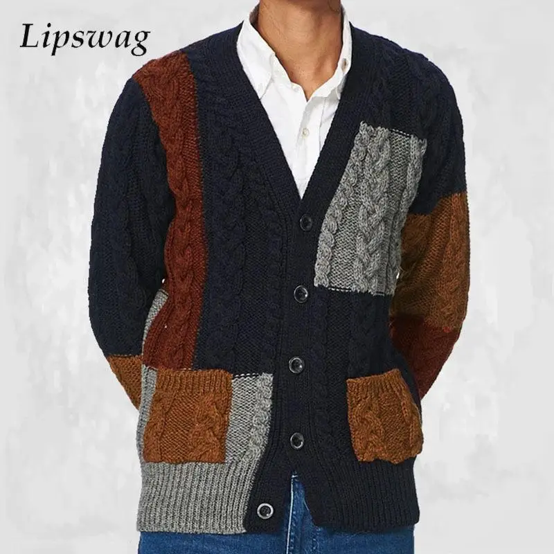 

Casual Knitted Cardigan Mens Sweater Knitwear Autumn Fashion Patchwork Jacquard Crochet Sweaters Men Vintage V Neck Knit Jacket