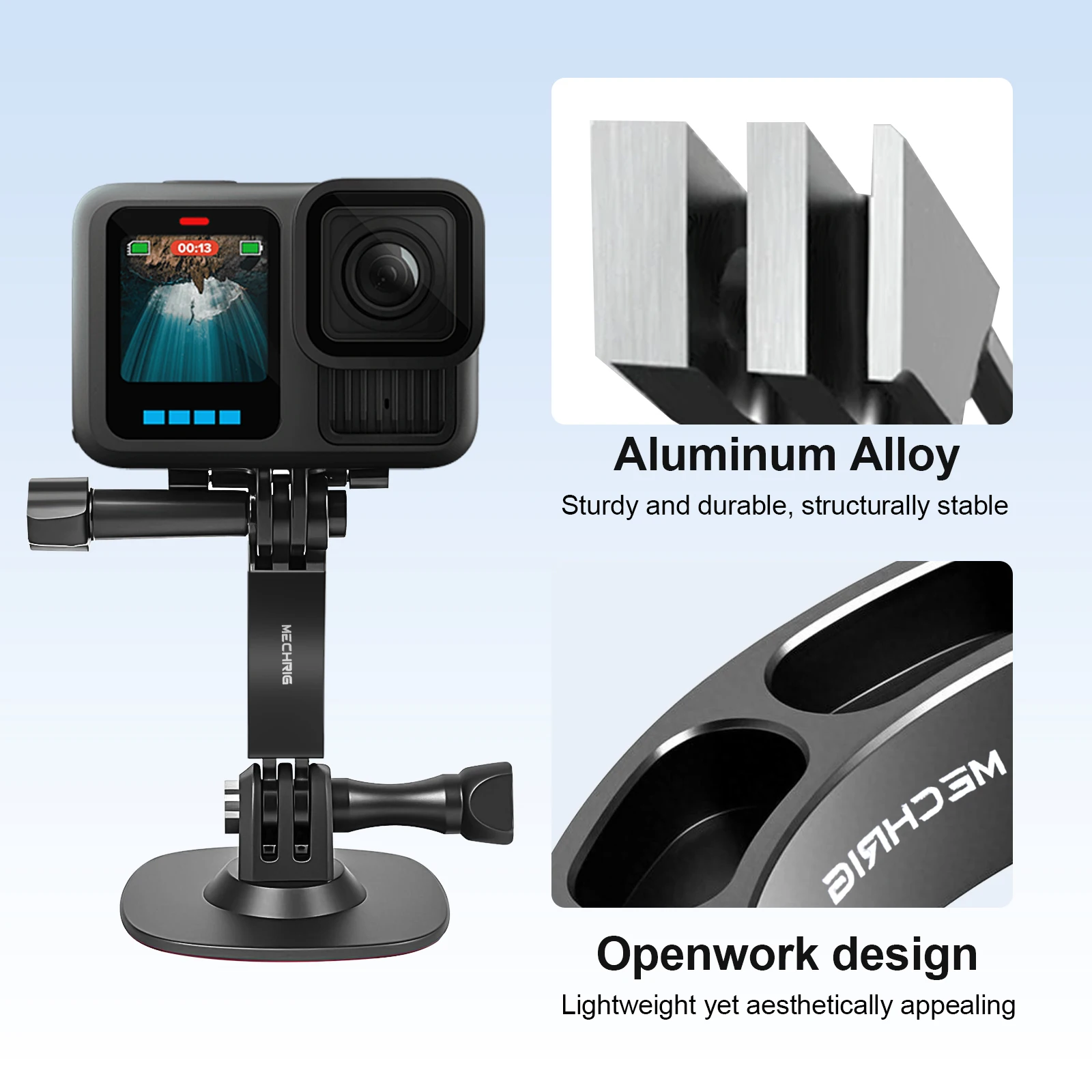 Bras d'extension incurvé en alliage d'aluminium pour caméra d'action utilisé avec une DJI Osmo Action, fixé sur un guidon de vélo.
