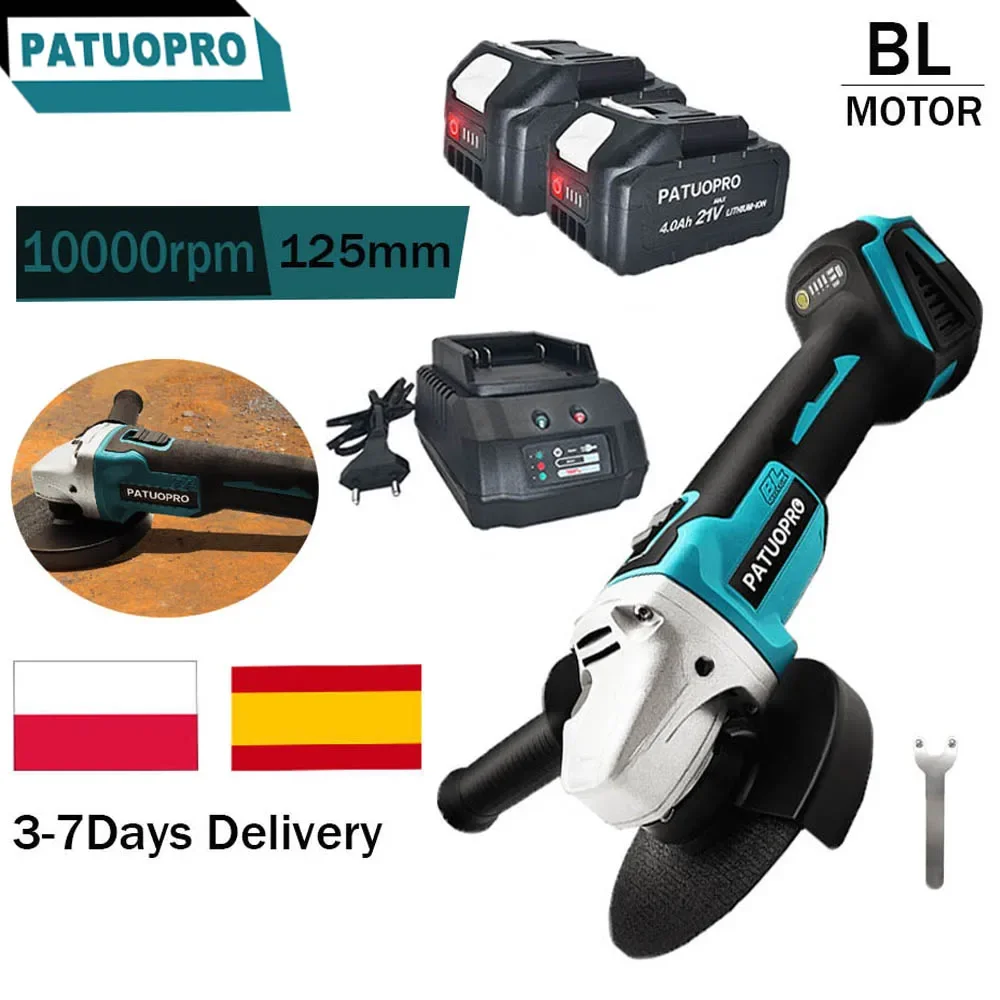 PATUOPRO Electric Angle Grinder, Brushless Cordless Rechargeable 125mm Cutter Polishing Grinding Power Tools Fit Makita 18V Battery No Battery