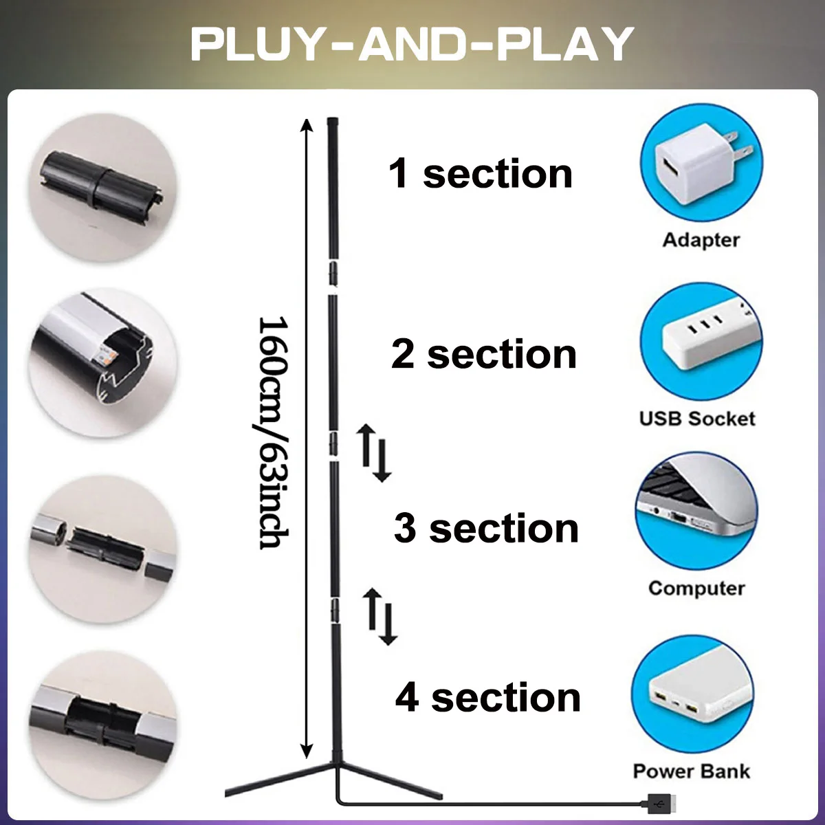 160cm Dimmable RGB LED Mood Light Smart Tuya Wifi LED Light Bar Corner Floor Lamp for Bedroom Gaming Living Room Christmas Decor