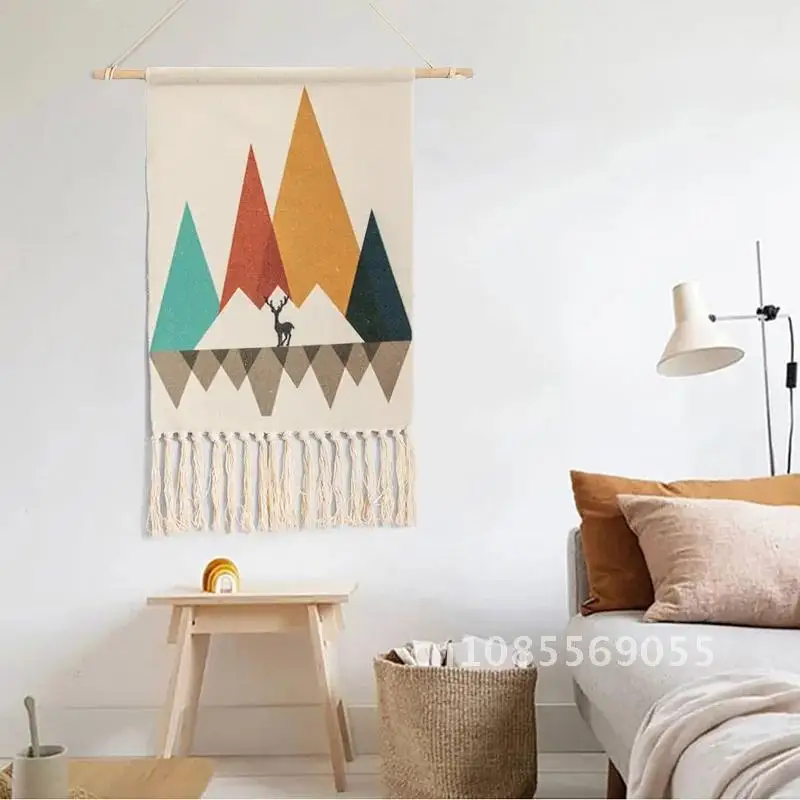 

Boho Decor Nordic Style Home Handmade Cotton Tassel Woven Wall Hanging Tapestry Colorful Printing Hand Knotted Wall Decoration