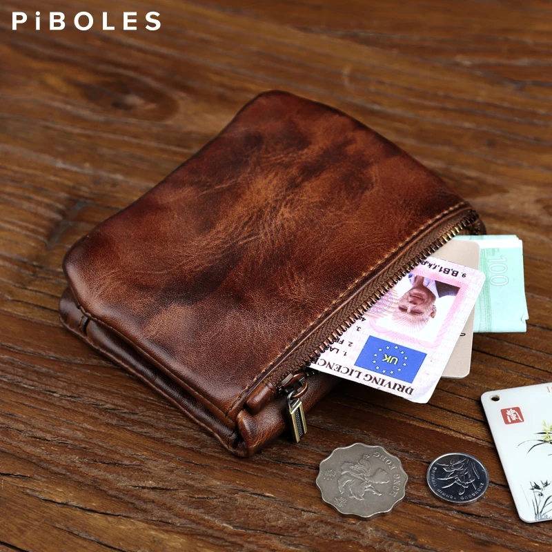 Retro Genuine Leather Short Wallet For Men Handmade Leather Card Slot Coin Pocket Zipper Money Bag Portable Small Male Wallet