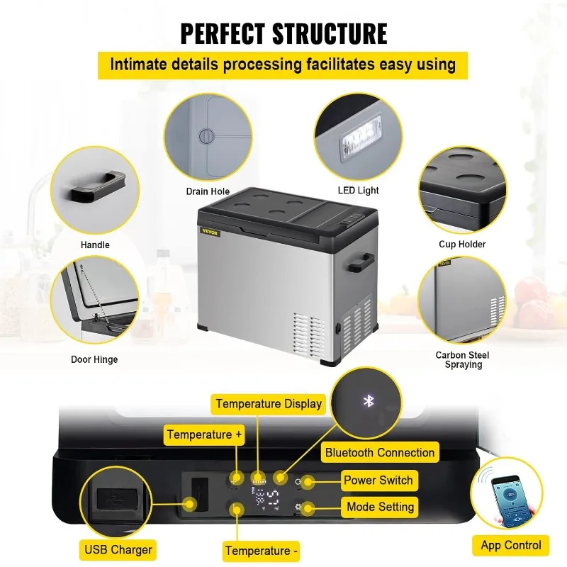 VEVOR 12 Volt Refrigerator Portable Refrigerator (-4℉~68℉) With APP Control Car Compressor Fridge Cooler 12V/24V DC and 53Quart