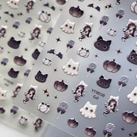 Kawai Autocollants adhésifs pour ongles en forme de chat, chaton noir fantôme, dégradé, citrouille, sucette, étoile, mignons, pour nail art et manucure 2