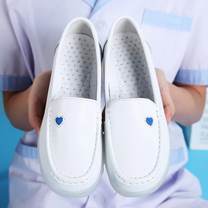 Women's Shoes Comfortable Soft-soled Work Shoes White Slope Heel Increased Leather Deodorant Hospital Nurse Shoes