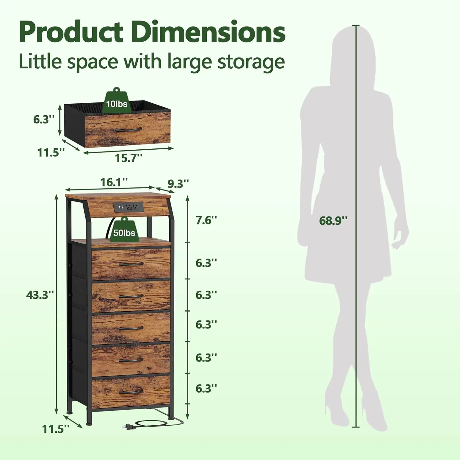 5-Drawer Dresser. Charging Station. Tall Nightstand with Shelf. Fabric Drawers. Rustic Brown. 3 Ways to Use.
