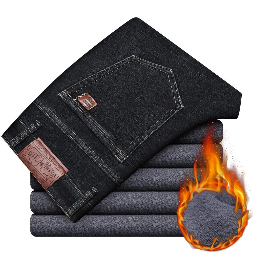

Winter Straight Fleece Thick Pants Male Brand Trousers New Men's Warm Jeans Business Fashion Classic Style Black Blue Denim