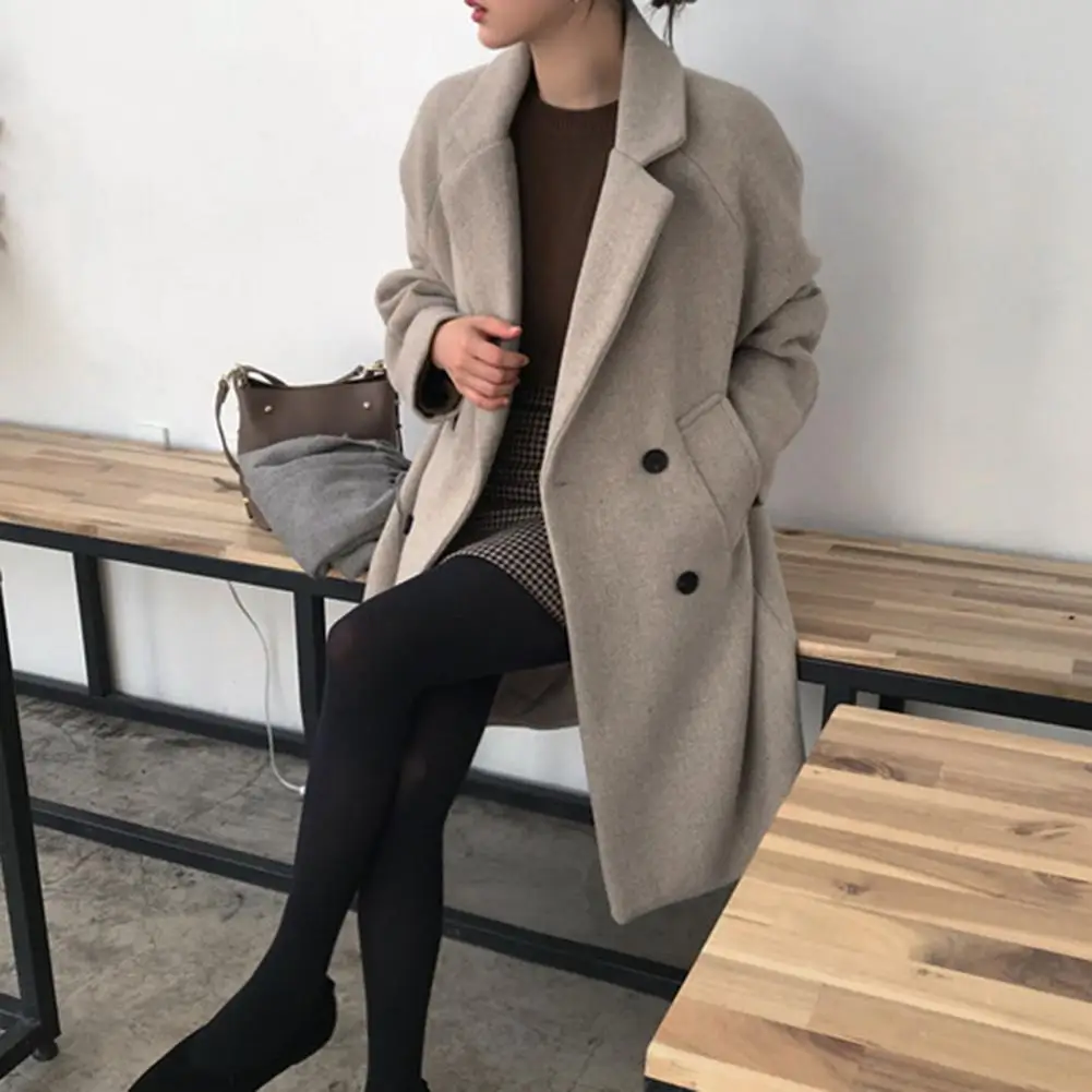 

Women Cardigan Coat Thick Lapel Double-breasted Women's Winter Coat Plus Size Mid Length Solid Color Loose Fit with Pockets Plus