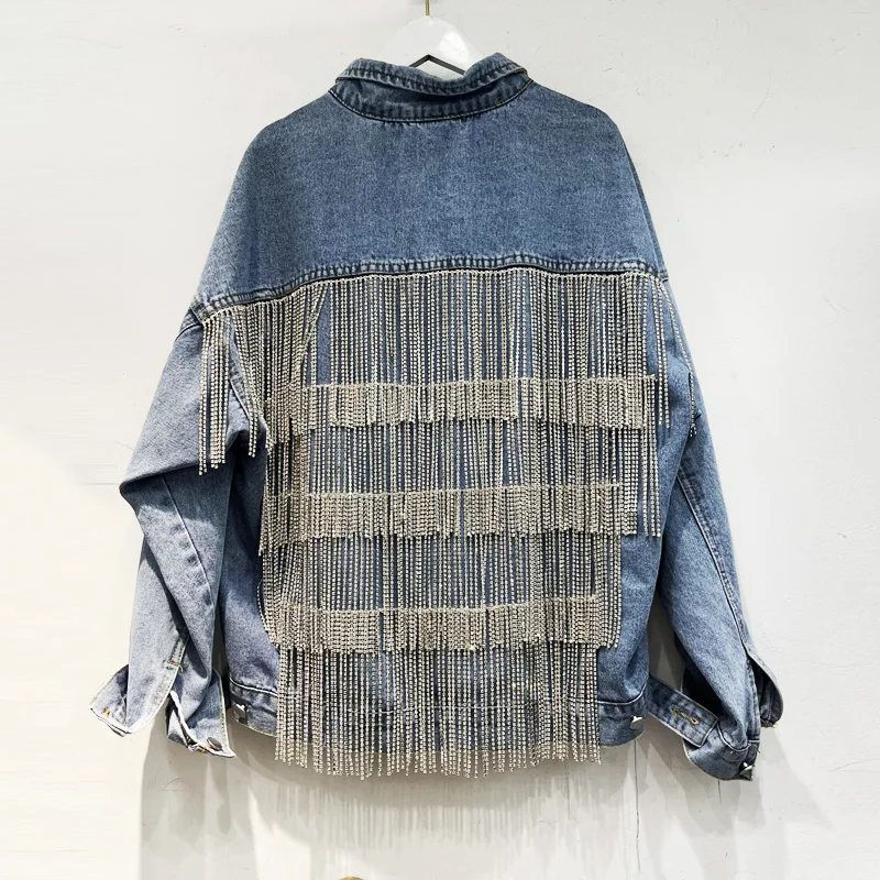 

Boho Jacket Long Sleeve Casual Oversize Loose Jackets Autumn Vintage Diamonds Tassel Cooton Blue Denim Coats for Women