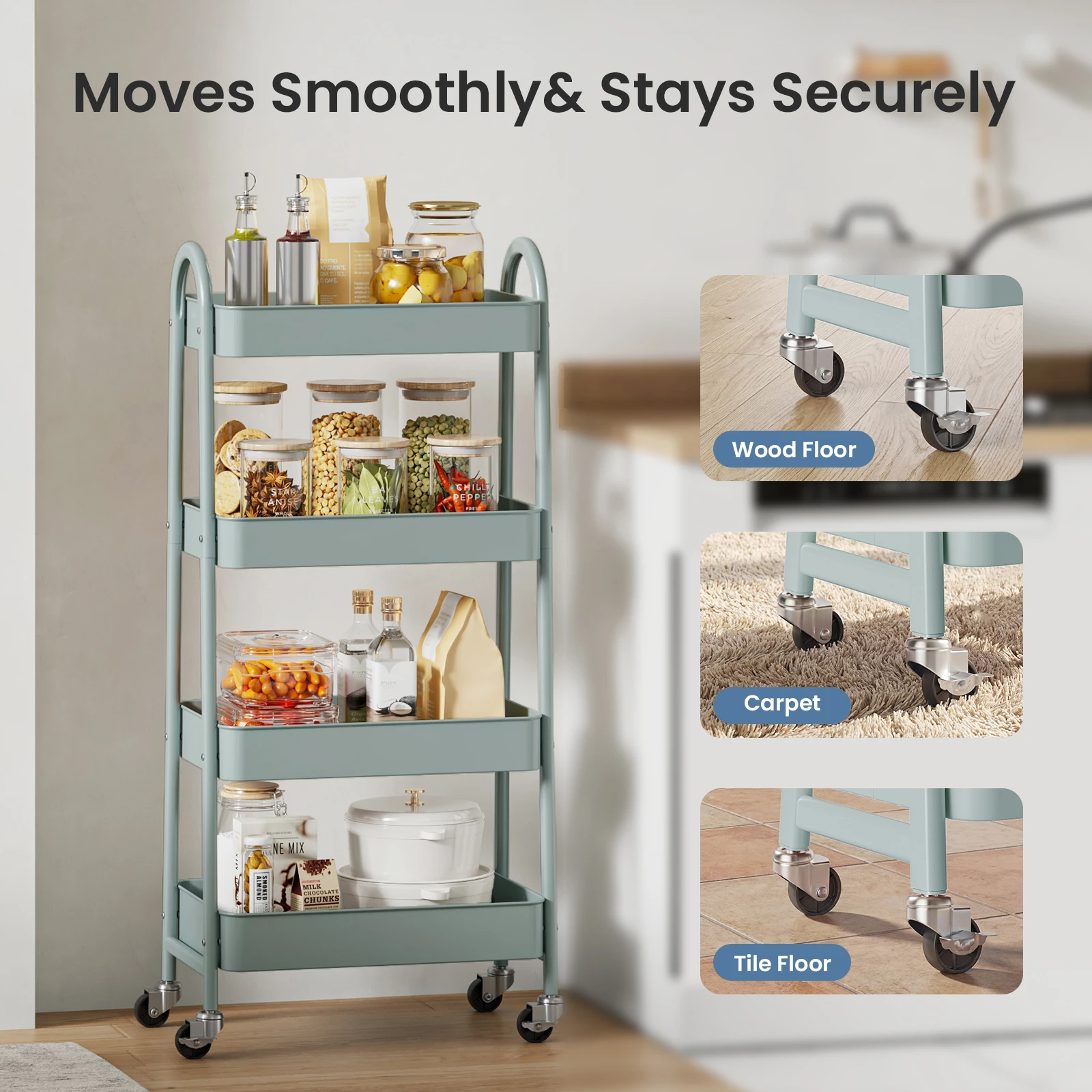 MCQ 4 Tiers Mobile Metal Frame Kitchen Cart Rolling Storage Shelf with Lockable Caster Wheels Organization Utility Cart for Livingroom Kitchen Narrow Places 