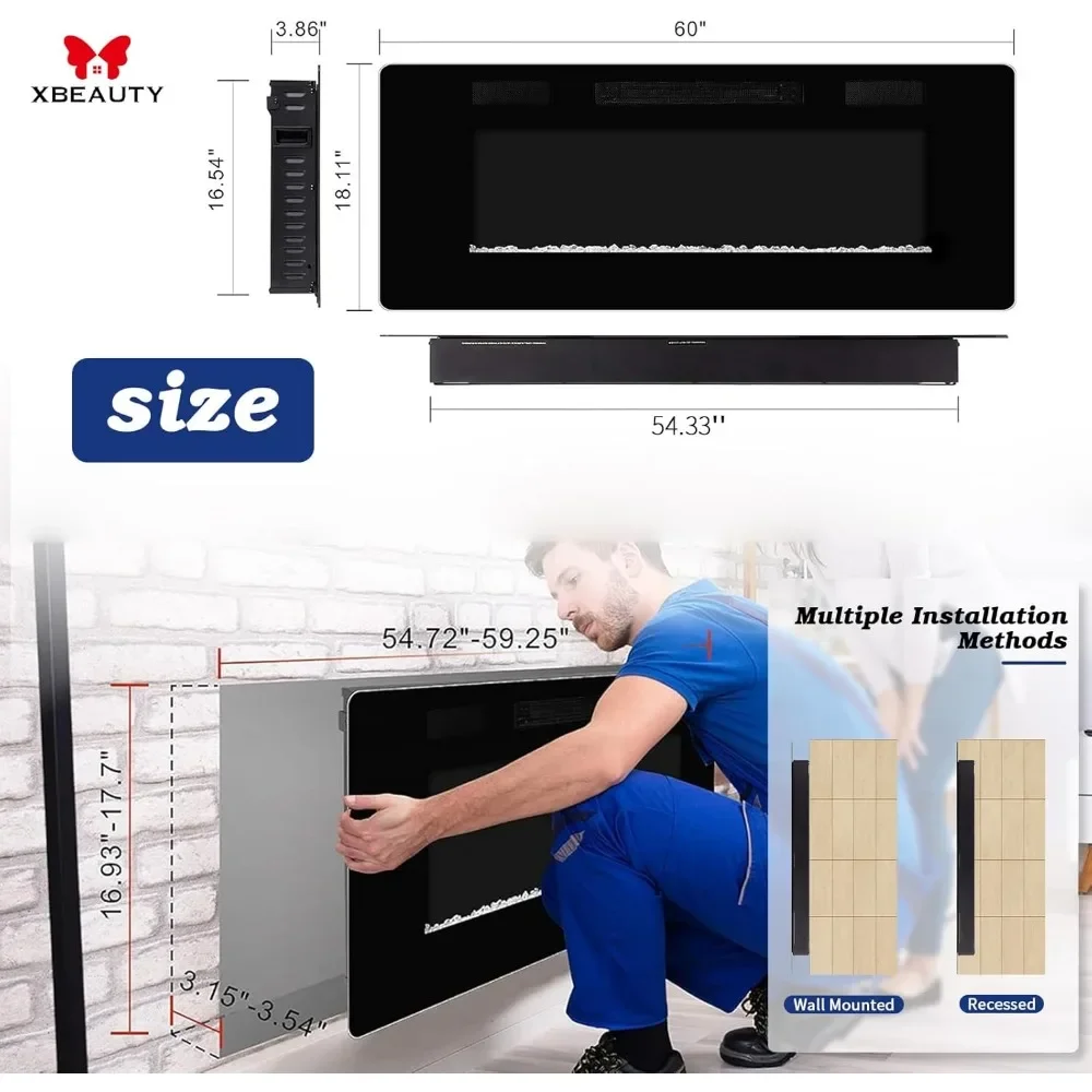 Electric Fireplace in-Wall Recessed and Wall Mounted 1500W Fireplace Heater and Linear with Timer/Multicolor Flames