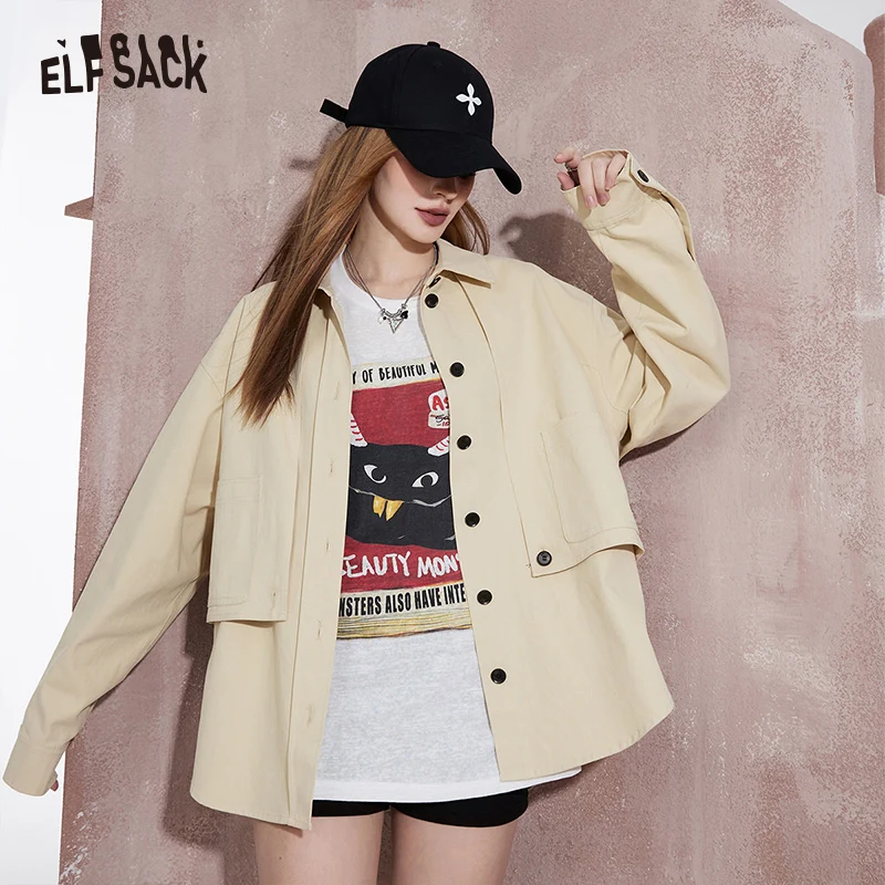 ELFSACK 2024 spring new versatile loose workwear style solid color coat for women casual style vintage cool button front pocket