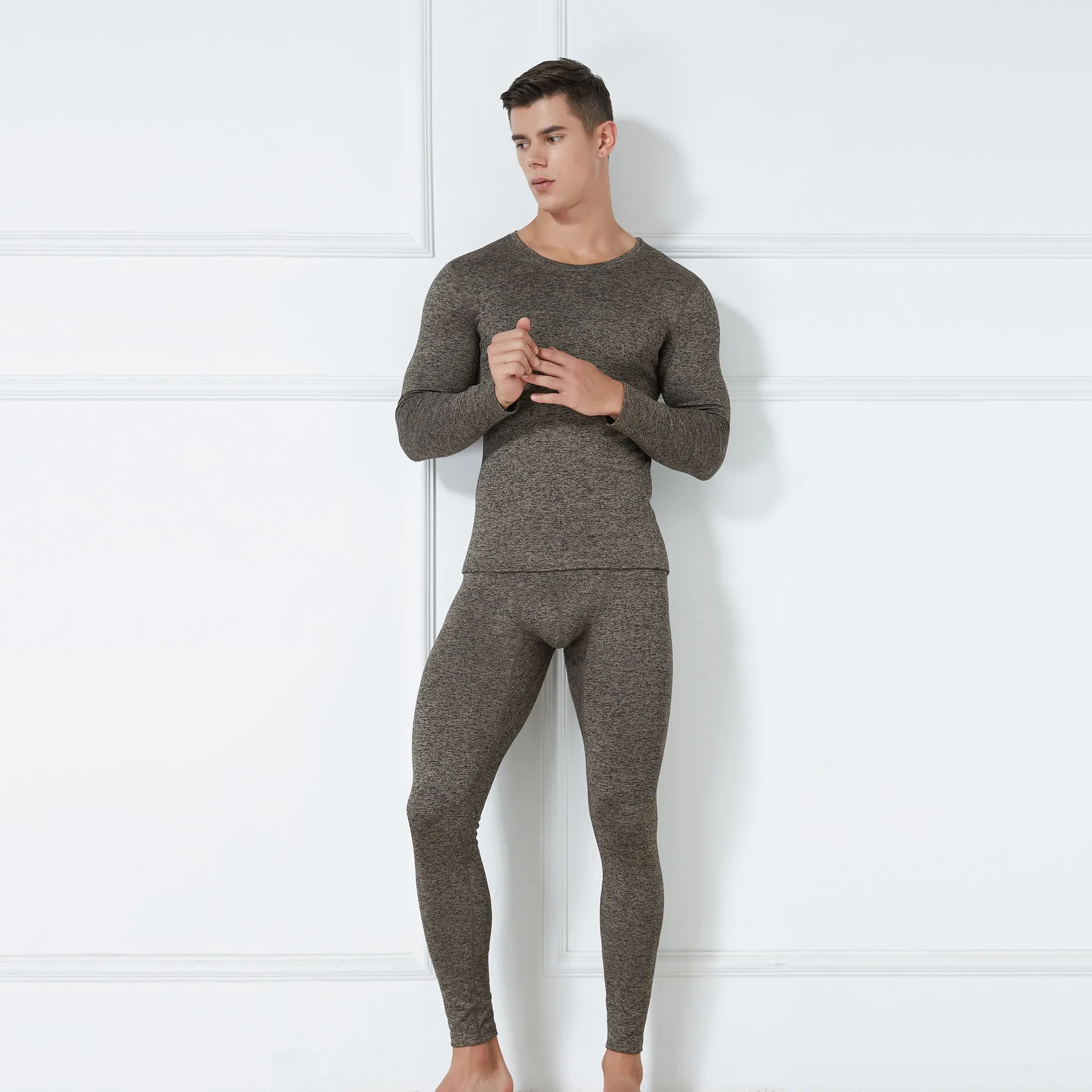 Set Autumn Winter Thermal Underwear Men's Round Neck Plush Thickened Warm Underwear Youth Tight Fashion Clothe Top and Pant Suit