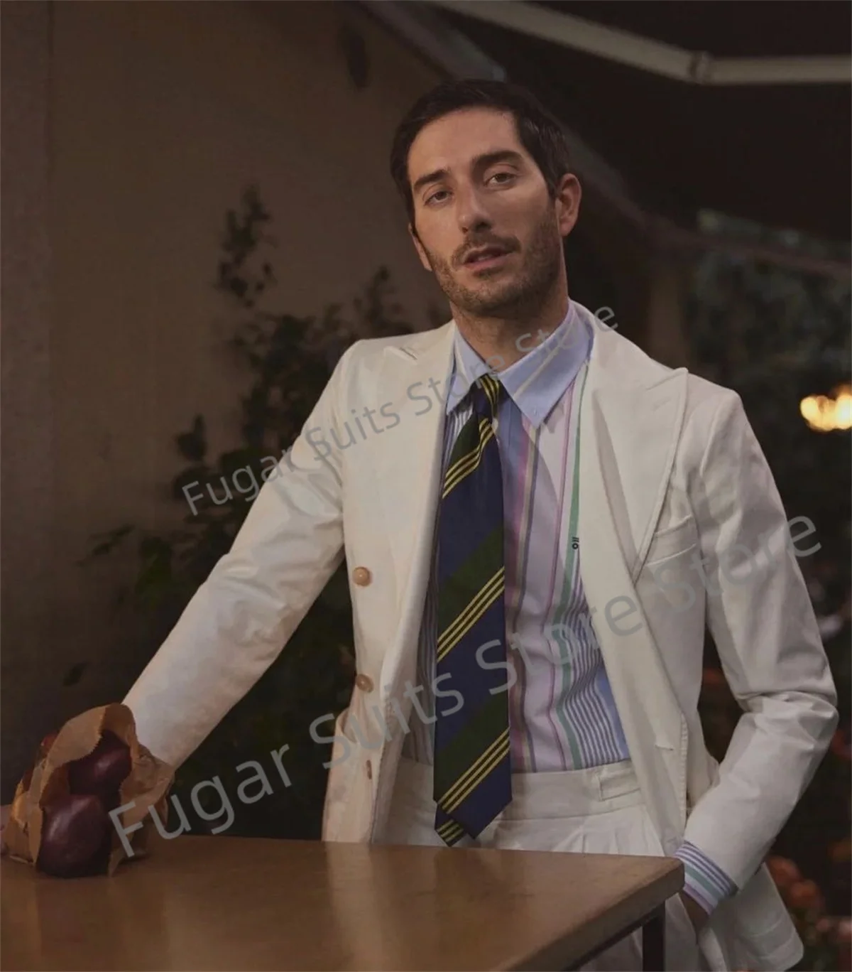 Gentleman White Wedding Men Suits   Made  Double Breasted  Groom Tuxedos 2 Pieces Sets Business Male Blazer Ternos Mascuion