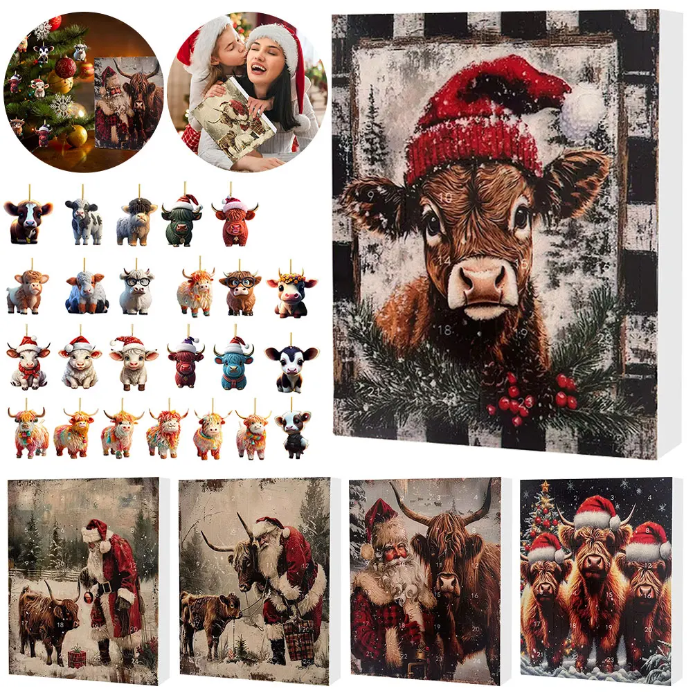 24 Days Christmas Countdown Calendar Acrylic Cartoon Highland Cow Hanging Decorations 2024 Holiday Advent Calendar Gift For Kids