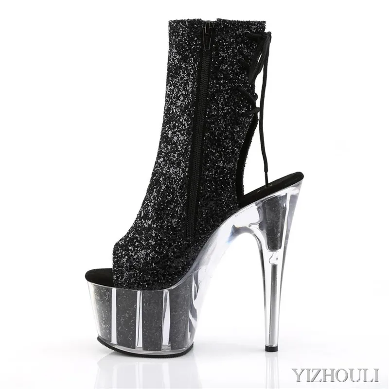 17cm banquet stage ankle boots transparent platform 7 inch stiletto heels, sequined vamp nightclub pole dance shoes