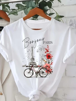Casual Top for Summer Spring Women's Clothing Paris Print Crew Neck T-shirt Short Sleeve Round Neck T Shirt Harajuku Streetwear 1