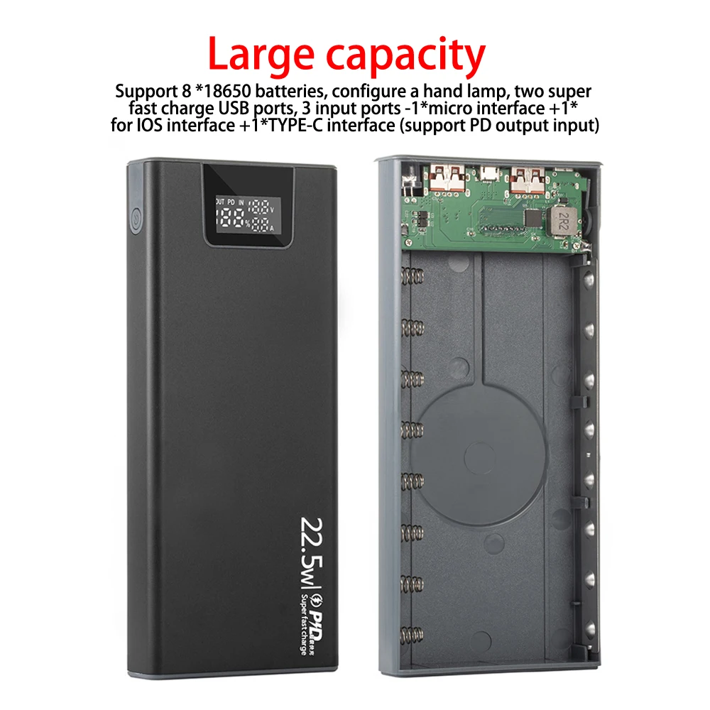 22.5W 8x18650 Battery Case Digital Display Quick Charge Outer Metal shells DIY Power Bank Shell Portable Detachable External Box