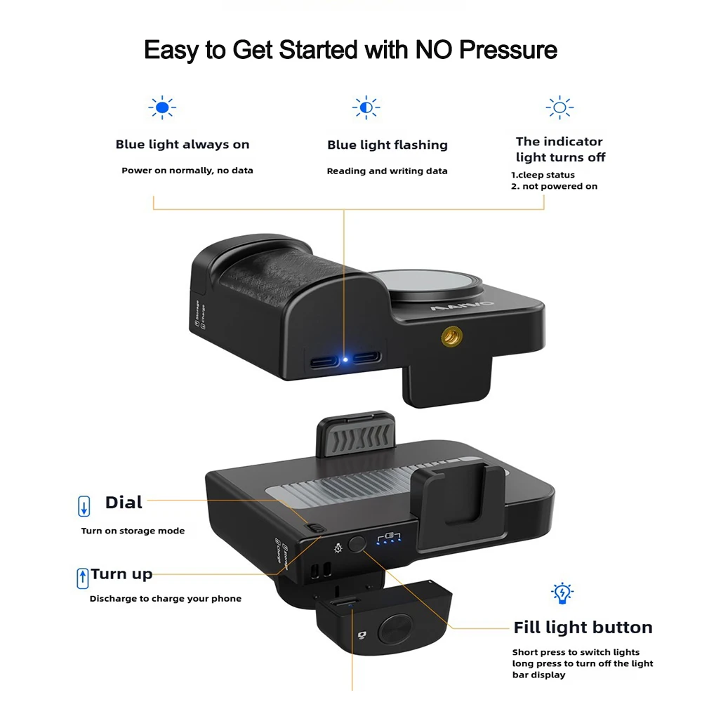 MAIWO 휴대용 PSSD 카메라 보조 기능(필 라이트 및 충전 기능 포함) 하드 드라이브 용량 512GB 1TB 2TB용 블루투스 제어