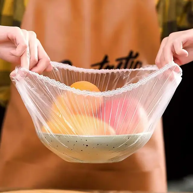 Couvercle anti-poussière de qualité alimentaire, plastique élastique transparent, enveloppe Saran, sac de rangement pour légumes et fruits frais, organisateur de cuisine, Film transparent 4