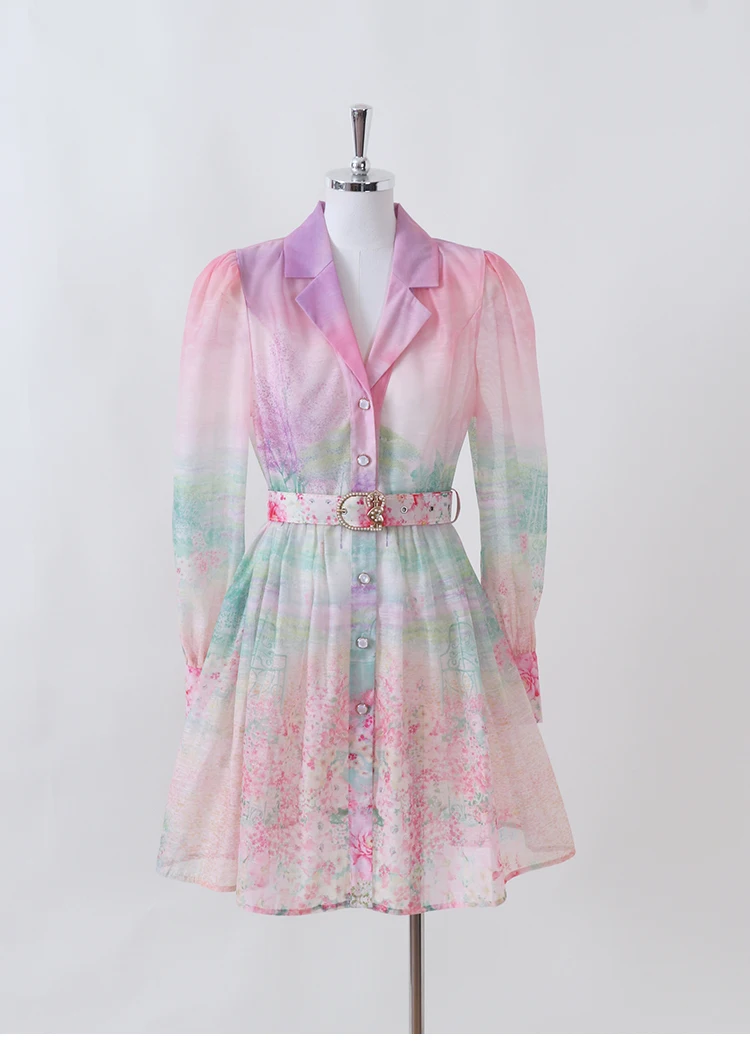 Pastel Gradient Floral Shirt Dress Women Long Sleeve Lapel Belted Mini Dress Elegant Spring Summer Party Office Lady Co-ord