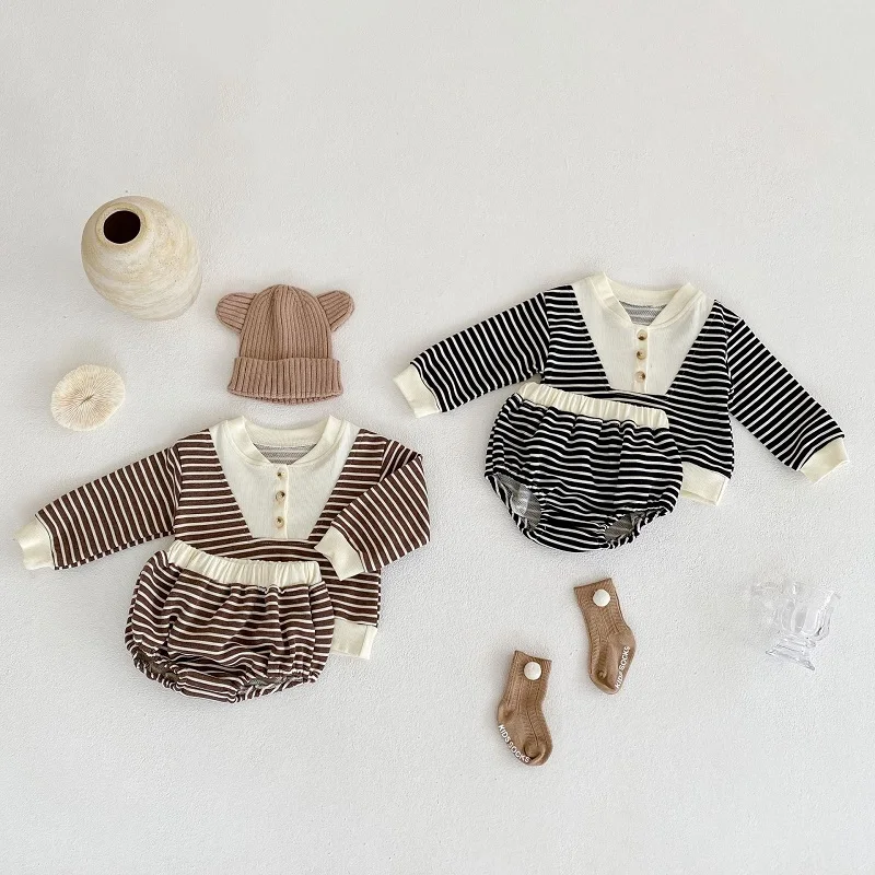 baby shirt clothing set 0-3 year old baby clothes autumn boys and girls striped long-sleeved pullover + shorts baby simple long-sleeved trousers suit Baby Clothing Set medium