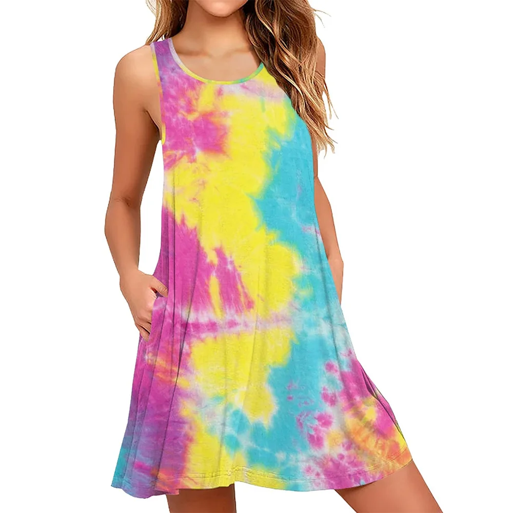 

Women's O Neck Mini Sleeveless Loose Dress With Pocket Solid Color Causal Dress Vestidos Plus Size Fashion T-shirt Dress Summer