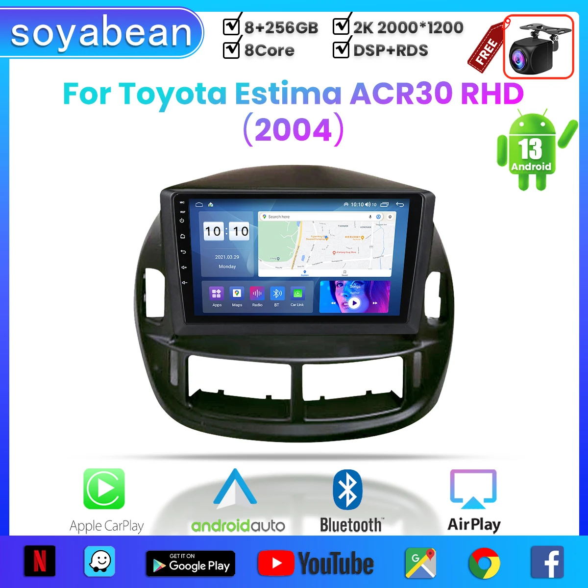 

Автомобильный радиоприемник Android 13 для Toyota Estima ACR30 RHD 2004,10 дюймов мультимедийный плеер с 4G WiFi Carplay и 2Din GPS