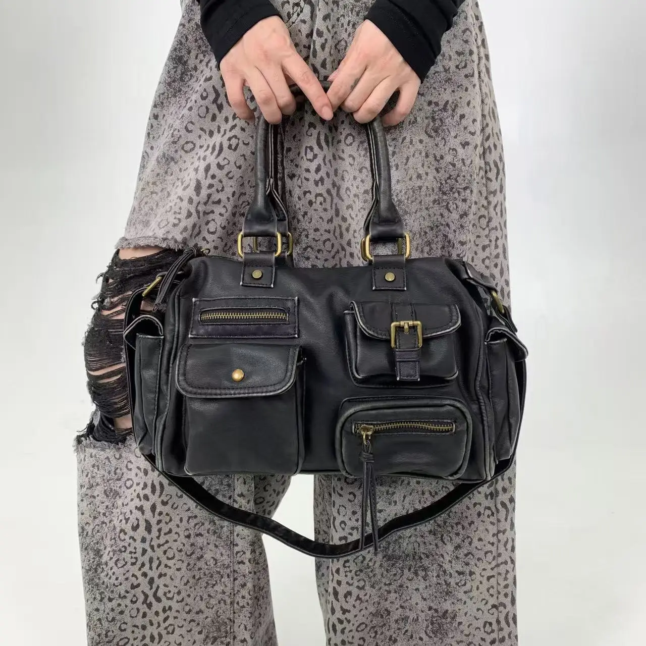 Vintage Lareg Capacity Multi-Pocket Tote Bag Designer Women Handbags Luxury Soft Pu Leather Shoulder Crossbody Bags Punk Bag2025