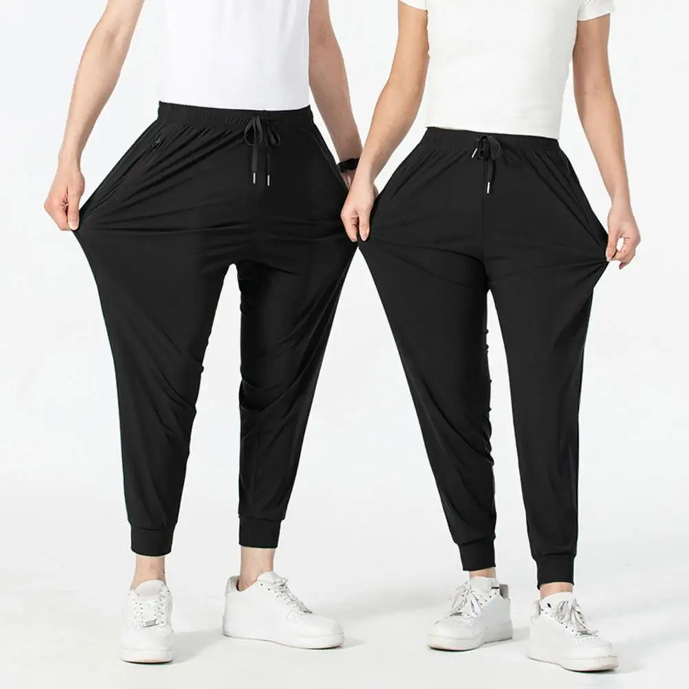 Youthful Adult Trousers Ice Silk Unisex Pants with Side Pockets Drawstring Waist for Gym Training Jogging Quick Dry Solid Color