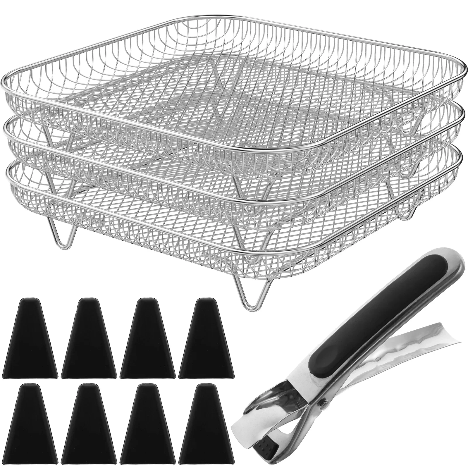 3Layer Air Fryer Rack Square Air Fryer Grill Rack Stainless Steel Grill Dehydrator Stackable Basket with 8