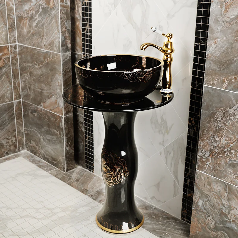 

Pedestal Washbasin Modern Minimalist Bathroom Creative Washbasin European Style Household Ceramic Pedestal basin black peony