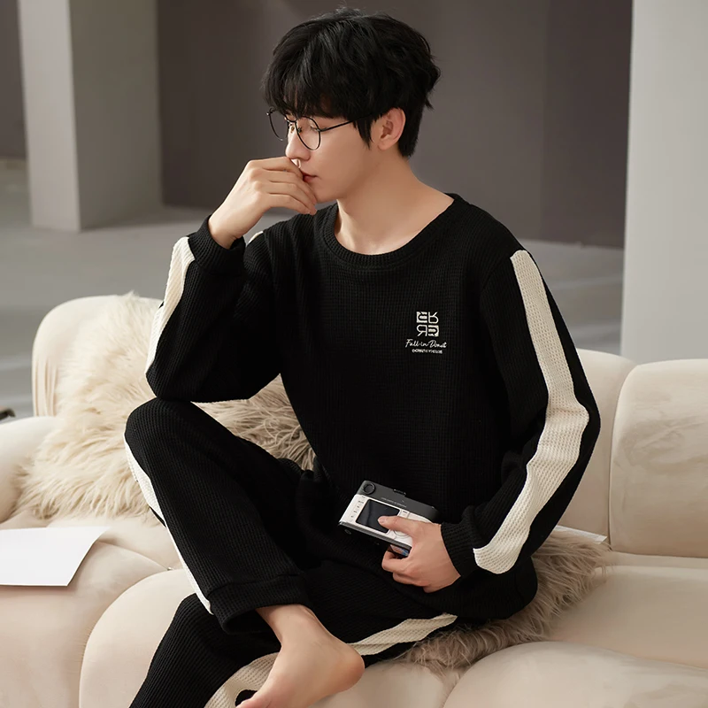 Mens Pajamas Solid Color Casual Soft Sleepwear Cartoon Breath Pajama Sets Sleep&Lounge Pyjamas Spring Autumn Comfort Homewear