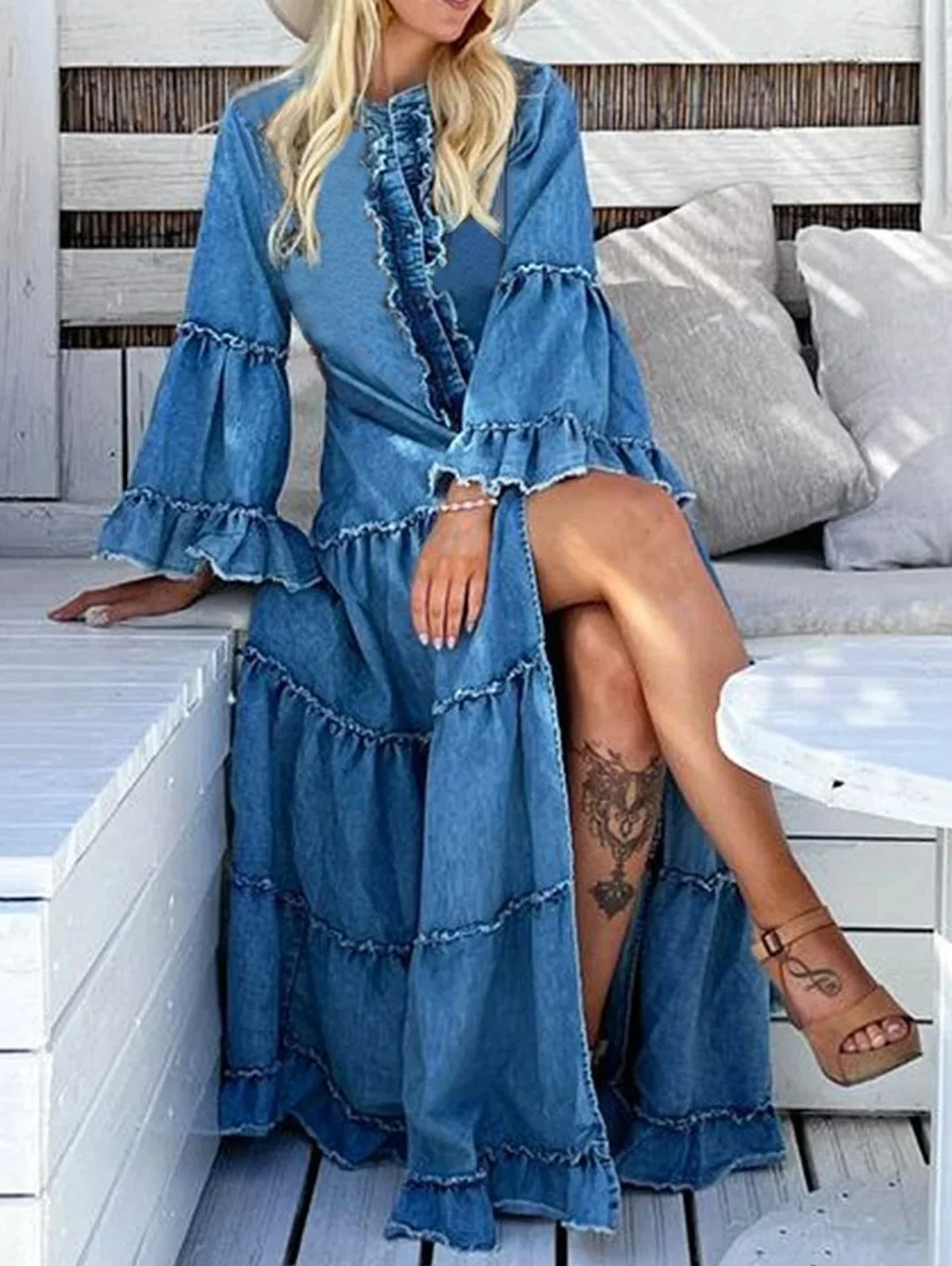 

Women Demin Maxi Dress Long Sleeve O Neck Irregular Fashion Long Dress Elegant Party Casual Solid Slit Ruffled Vestidos