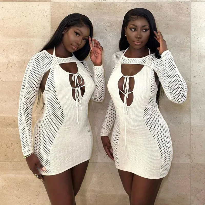 

Long Sleeve Hollow Out Mini Dress For Women Fashion Knitted Bodycon Autumn Winter Clothes Black White Elegant Ladies Vestidos