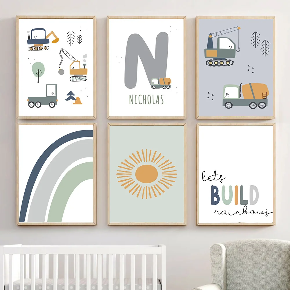 

Custom Name Excavator Poster Sun Blue Rainbow Toy Cars Canvas Nursery Print Nordic Wall Art Pictures Kids Boys Room Home Decor